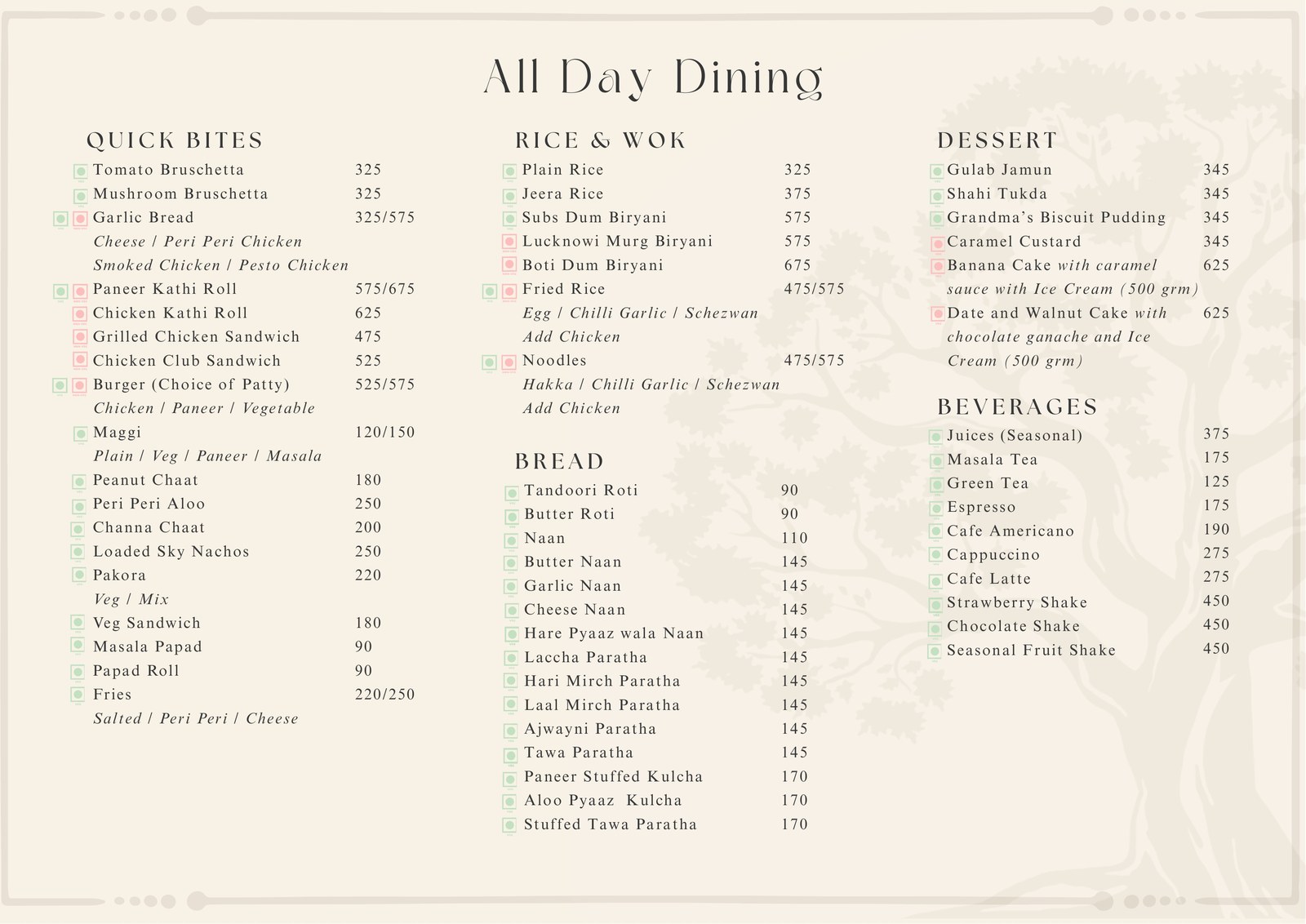 The Chestnut Grove dining menu, second page, designed by TrendyWebs