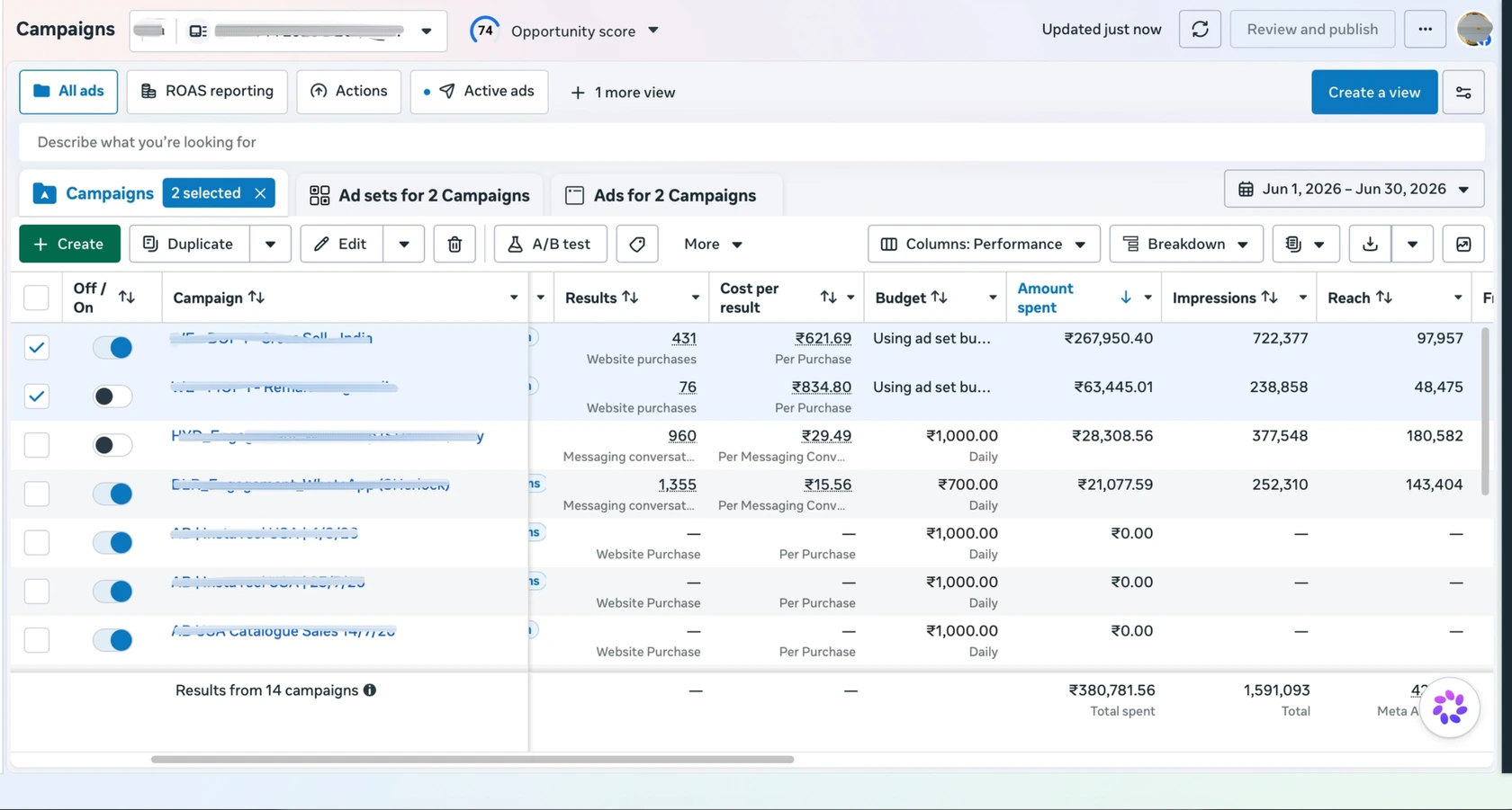 Meta Ads Manager screenshot showing the two campaigns behind this case study: 431 and 76 website purchases