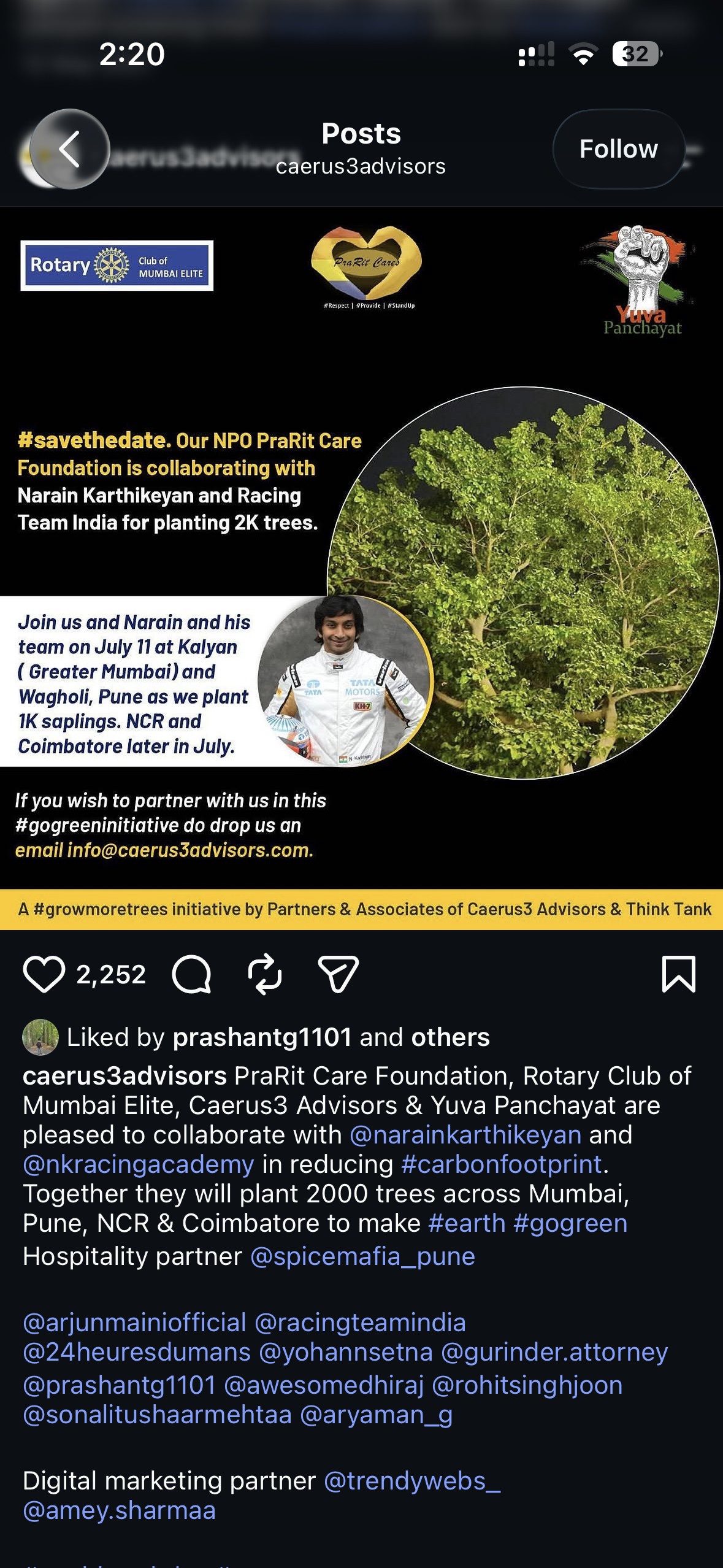 Instagram post announcing the go-green tree-planting campaign with Narain Karthikeyan, tagging TrendyWebs as digital marketing partner