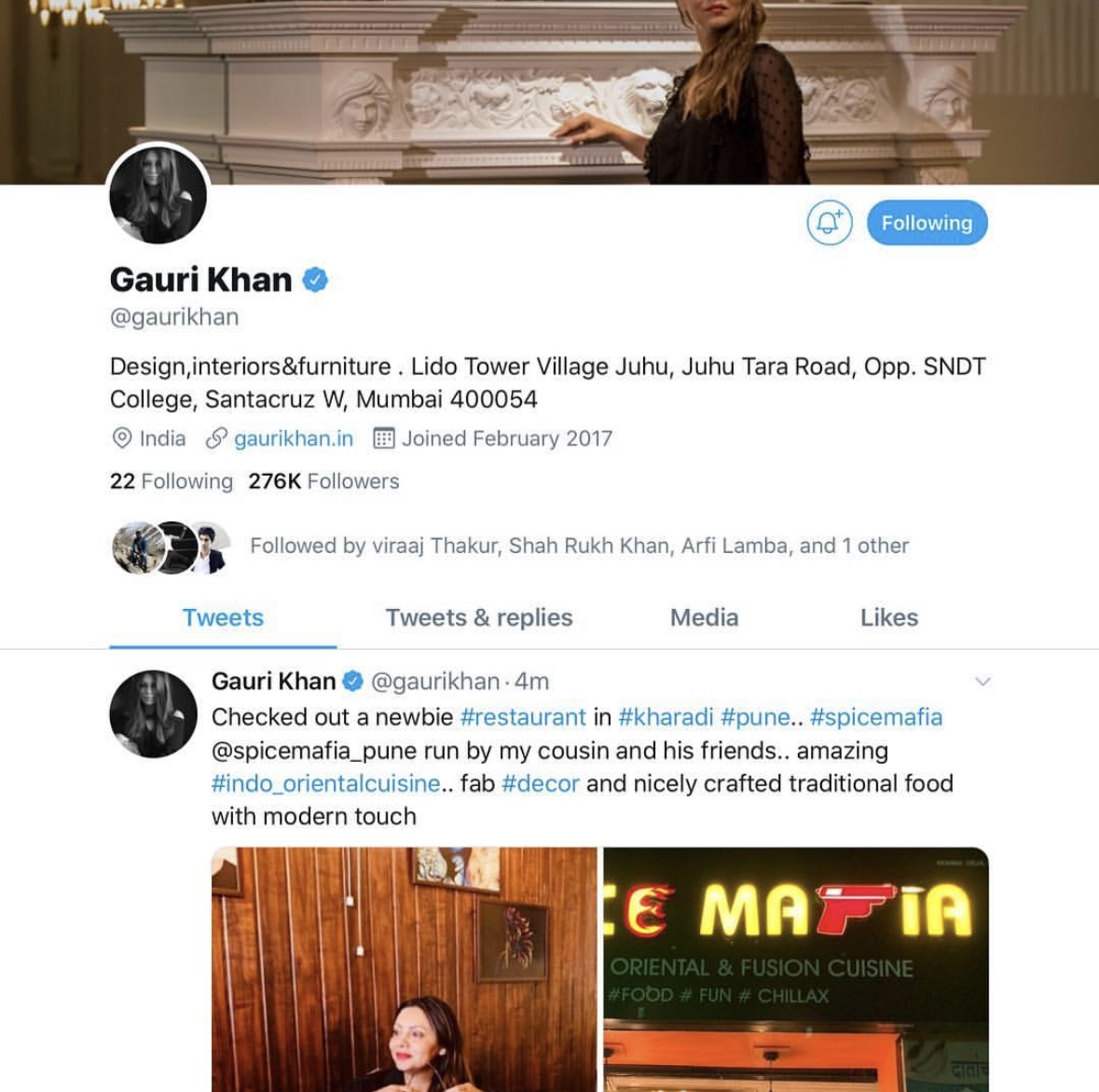 Gauri Khan's tweet about visiting Spice Mafia in Kharadi, Pune
